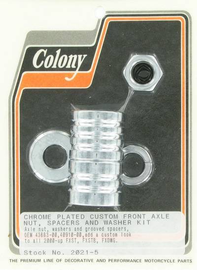 Front axle nut and grooved spacer kit, custom | Color: chrome | Order Number: C2021-5 | OEM Number: 40910-00 / 43683-00